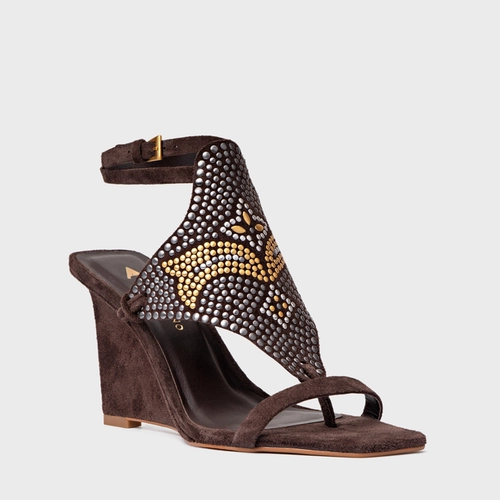 Sandália Mosaic Studs Salto Anabela Couro Suede Marrom Ganache