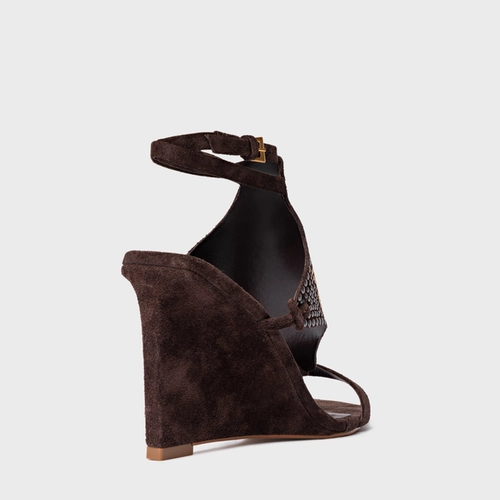 Sandália Mosaic Studs Salto Anabela Couro Suede Marrom Ganache