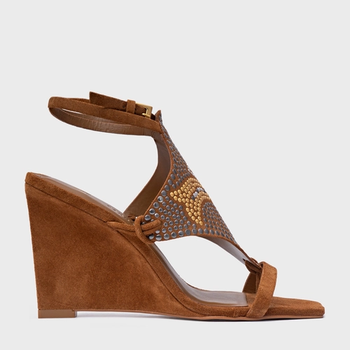 Sandália Mosaic Studs Salto Anabela Couro Suede Marrom Saddle