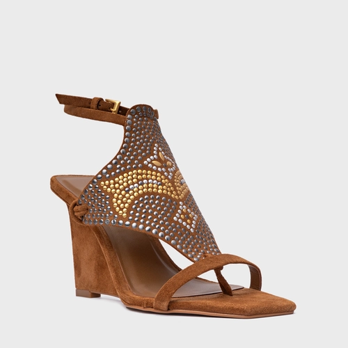Sandália Mosaic Studs Salto Anabela Couro Suede Marrom Saddle