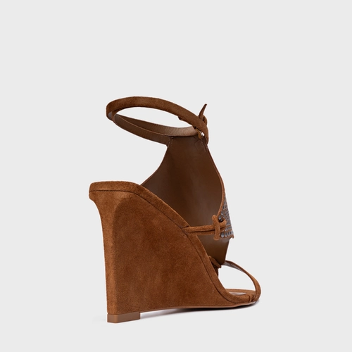 Sandália Mosaic Studs Salto Anabela Couro Suede Marrom Saddle