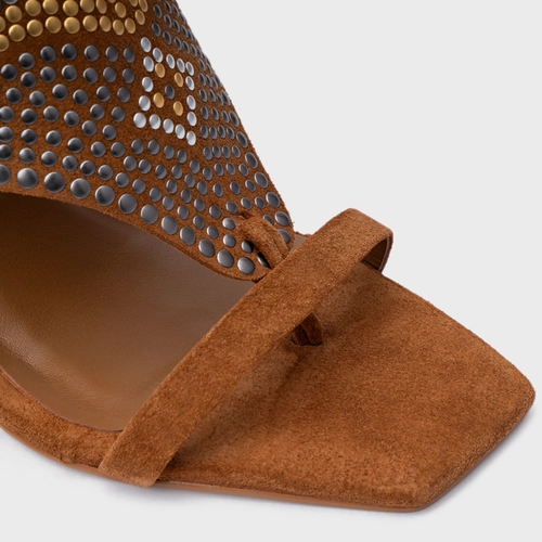 Sandália Mosaic Studs Salto Anabela Couro Suede Marrom Saddle