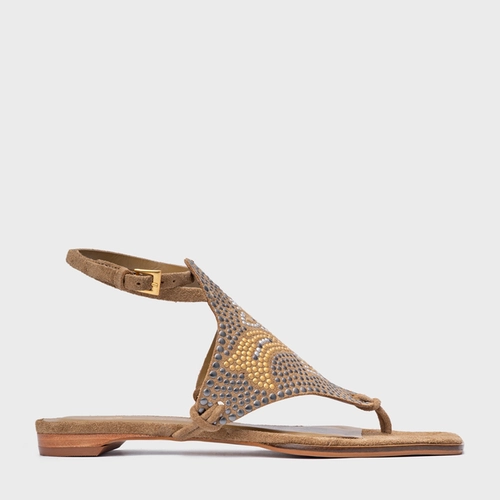 Sandália Rasteira Mosaic Studs Couro Suede Bege Almond