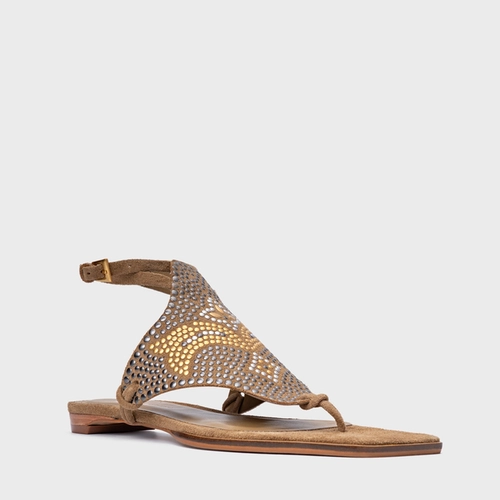 Sandália Rasteira Mosaic Studs Couro Suede Bege Almond