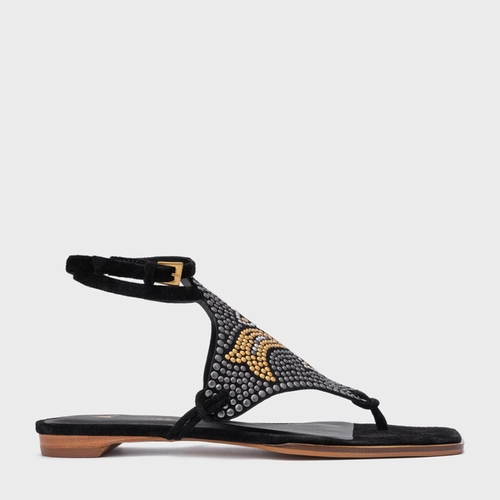 Sandália Rasteira Mosaic Studs Couro Suede Preto