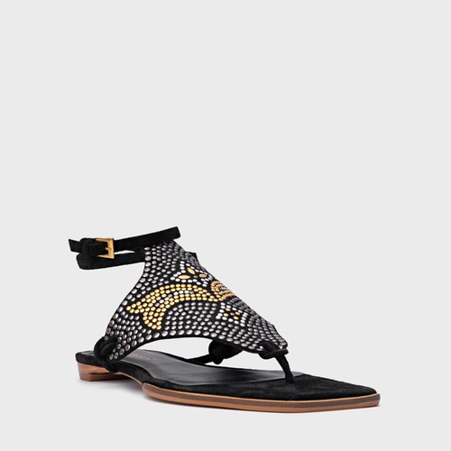 Sandália Rasteira Mosaic Studs Couro Suede Preto