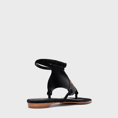 Sandália Rasteira Mosaic Studs Couro Suede Preto