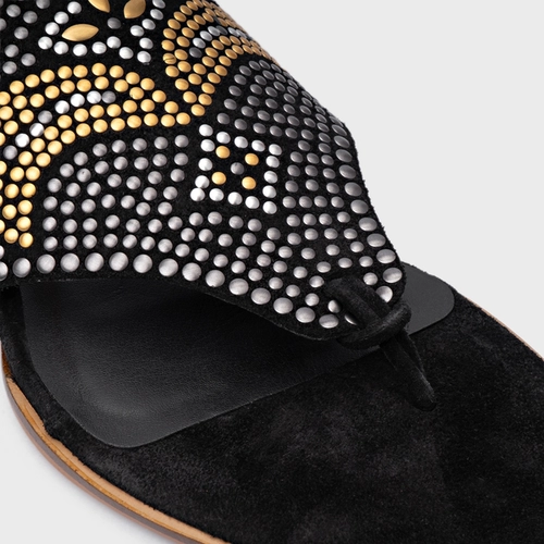 Sandália Rasteira Mosaic Studs Couro Suede Preto