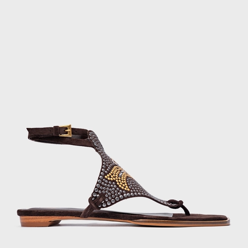 Sandália Rasteira Mosaic Studs Couro Suede Marrom Ganache