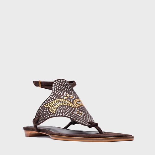 Sandália Rasteira Mosaic Studs Couro Suede Marrom Ganache