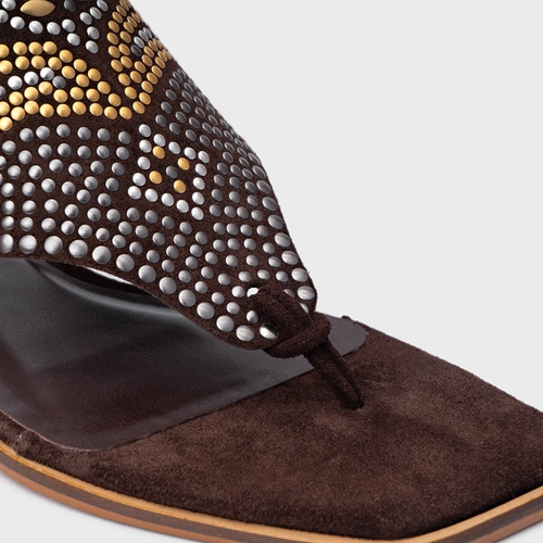 Sandália Rasteira Mosaic Studs Couro Suede Marrom Ganache