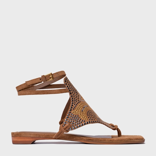 Sandália Rasteira Mosaic Studs Couro Suede Marrom Saddle