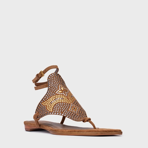 Sandália Rasteira Mosaic Studs Couro Suede Marrom Saddle