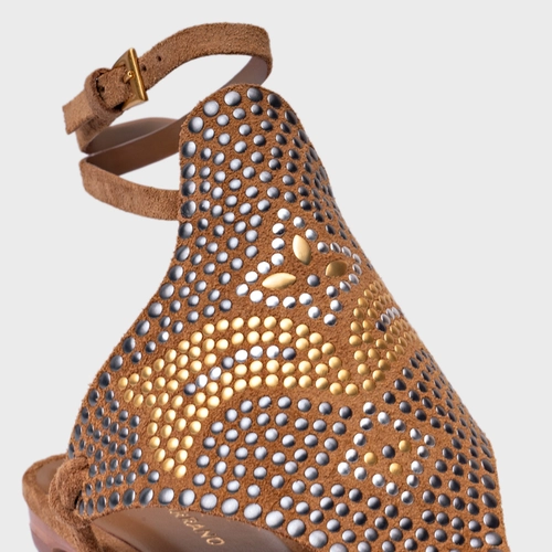 Sandália Rasteira Mosaic Studs Couro Suede Marrom Saddle