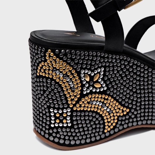 Sandália Mosaic Studs Plataforma Couro Preto