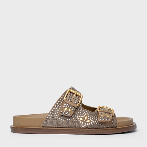 Rasteira Birken Mosaic Studs Couro Suede Bege Almond