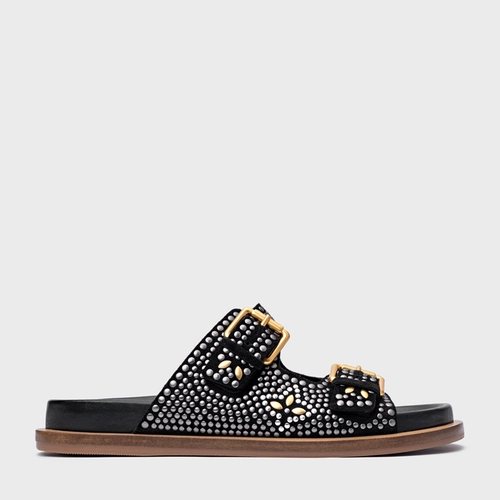 Rasteira Birken Mosaic Studs Couro Suede Preto