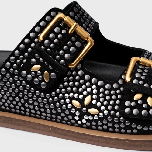 Rasteira Birken Mosaic Studs Couro Suede Preto