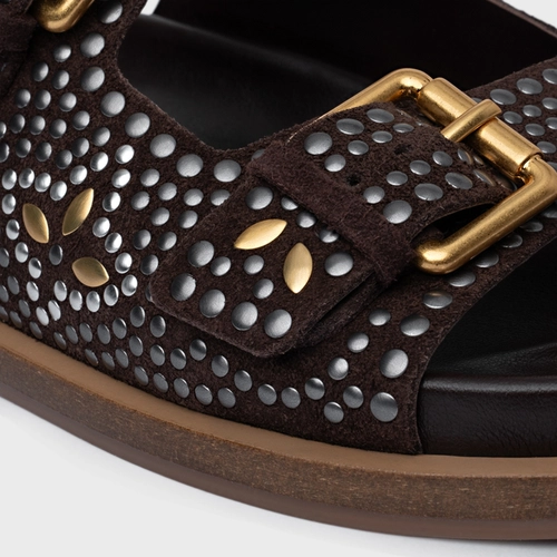 Rasteira Birken Mosaic Studs Couro Suede Marrom Ganache