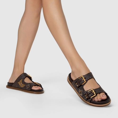 Rasteira Birken Mosaic Studs Couro Suede Marrom Ganache
