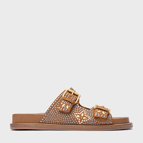 Rasteira Birken Mosaic Studs Couro Suede Marrom Saddle