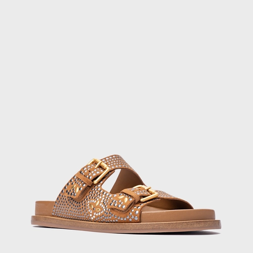 Rasteira Birken Mosaic Studs Couro Suede Marrom Saddle