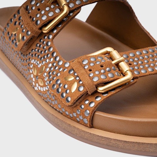 Rasteira Birken Mosaic Studs Couro Suede Marrom Saddle