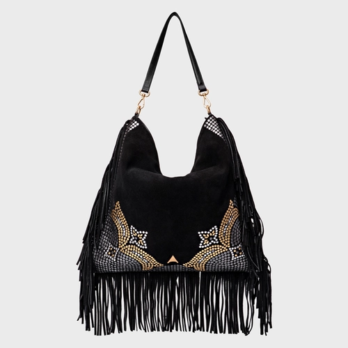 Bolsa Hobo Mosaic Franjas Grande Couro Suede Preto
