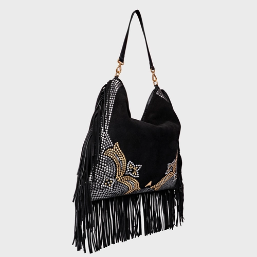 Bolsa Hobo Mosaic Franjas Grande Couro Suede Preto