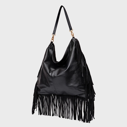 Bolsa Hobo Mosaic Franjas Grande Couro Suede Preto