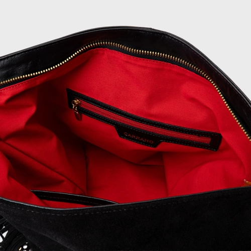 Bolsa Hobo Mosaic Franjas Grande Couro Suede Preto