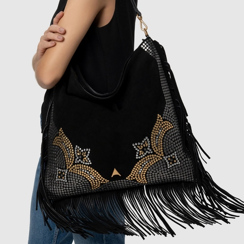 Bolsa Hobo Mosaic Franjas Grande Couro Suede Preto