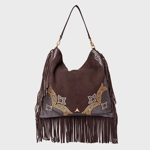 Bolsa Hobo Mosaic Franjas Grande Couro Suede Marrom Ganache