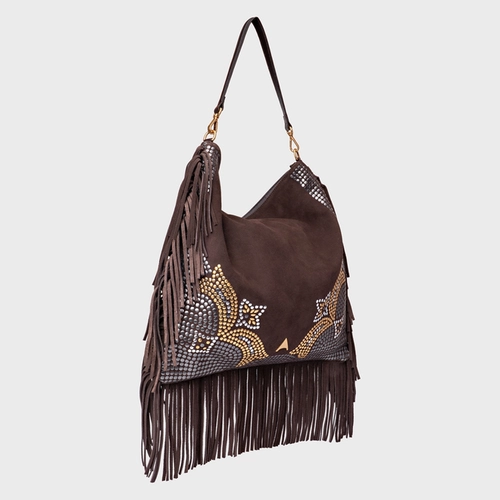 Bolsa Hobo Mosaic Franjas Grande Couro Suede Marrom Ganache