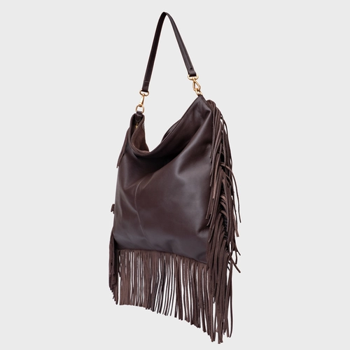 Bolsa Hobo Mosaic Franjas Grande Couro Suede Marrom Ganache