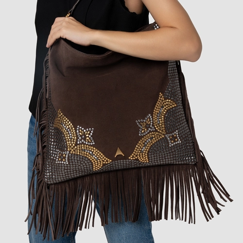 Bolsa Hobo Mosaic Franjas Grande Couro Suede Marrom Ganache