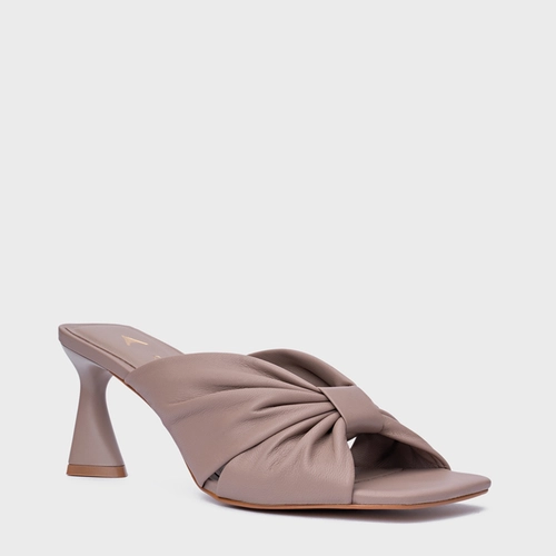 Open Mule Drape Salto Allure Couro Bege Beaver
