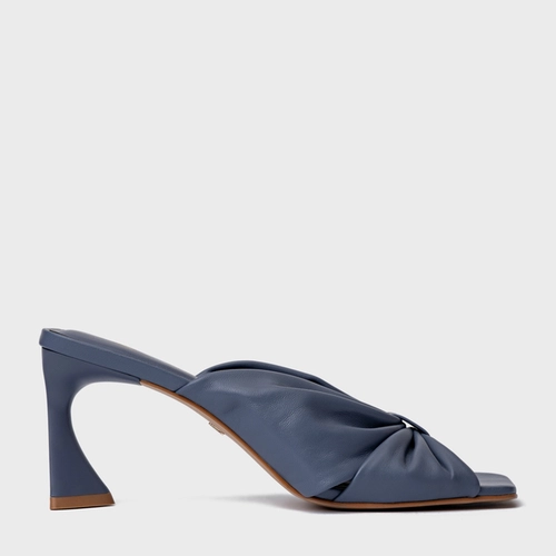 Open Mule Drape Salto Allure Couro Azul Steel