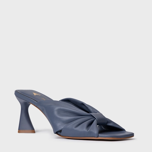 Open Mule Drape Salto Allure Couro Azul Steel