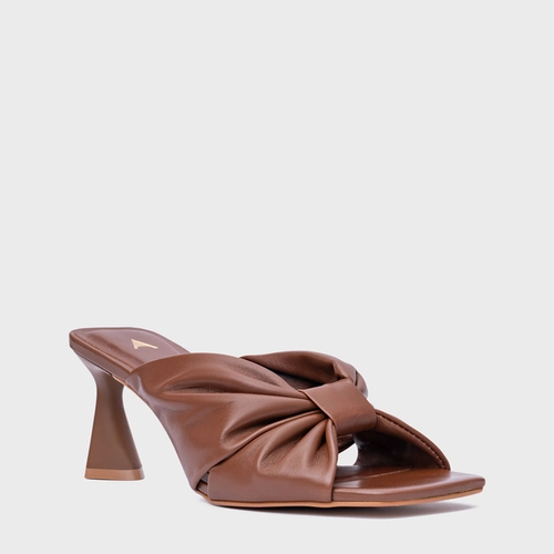 Open Mule Drape Salto Allure Couro Marrom Walnut