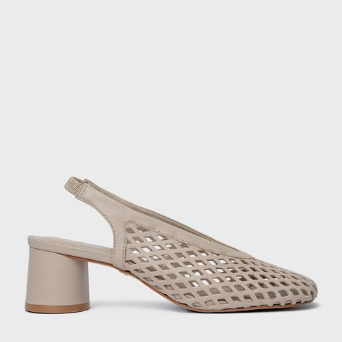 Scarpin Loafer Breeze Salto Oval Couro Bege Oatmeal