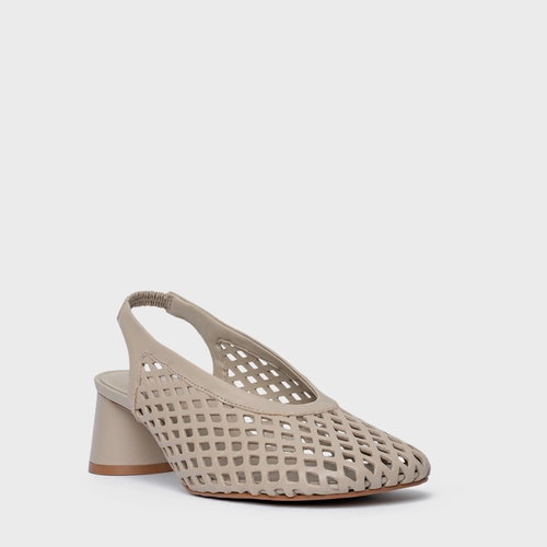 Scarpin Loafer Breeze Salto Oval Couro Bege Oatmeal