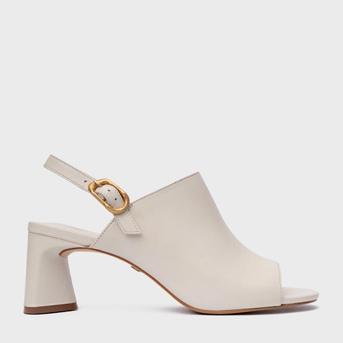 Sandália Close Salto Bloco Couro Off White Vanilla