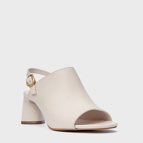 Sandália Close Salto Bloco Couro Off White Vanilla