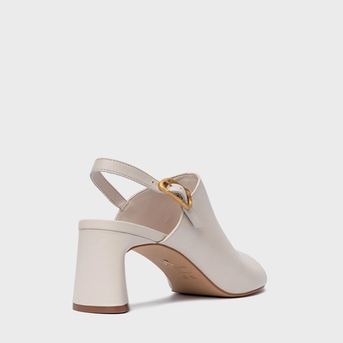 Sandália Close Salto Bloco Couro Off White Vanilla