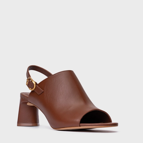 Sandália Close Salto Bloco Couro Marrom Walnut