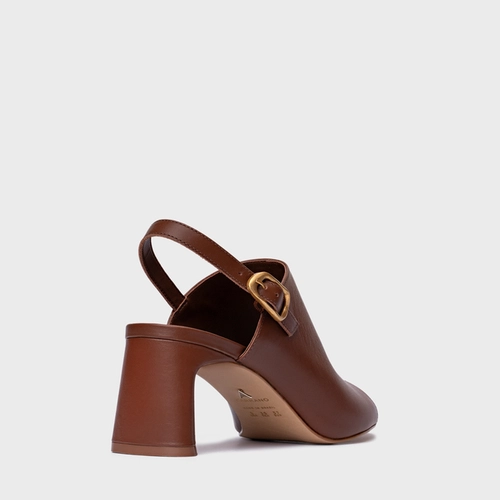 Sandália Close Salto Bloco Couro Marrom Walnut