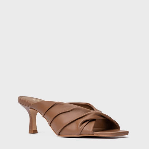 Open Mule Maxi Twist Salto Fino Couro Marrrom Gingerbread
