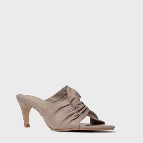 Open Mule Maxi Twisted Salto Fino Couro Bege Beaver
