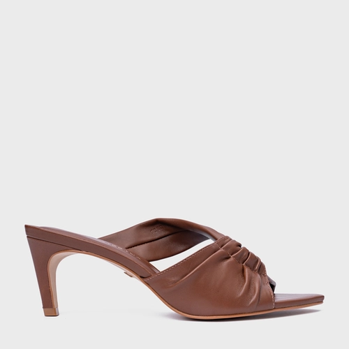 Open Mule Maxi Twisted Salto Fino Couro Marrom Walnut